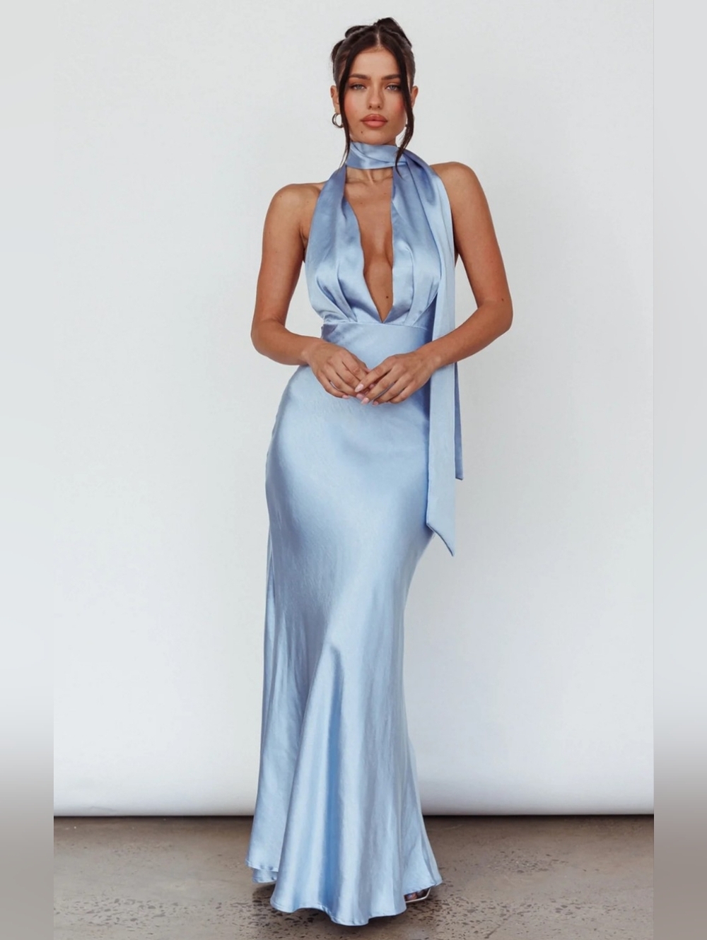 NWT Selfie Leslie Satin Halter Maxi Dress in Pale Blue - Size M